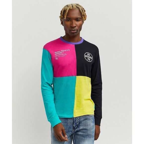 New XL Reason Nolan Color Block Long Sleeve Cotton Streetwear Casual Tee TShirt - Picture 1 of 8